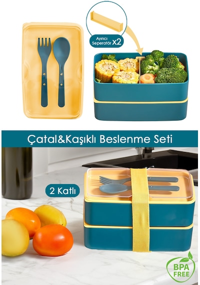 2 Katlı Ayarlanabilir Dikdörtgen Beslenme Kabı - Çatal Kaşık Servisli Yemek Saklama Kutusu Yeşil Sarı Yeşil