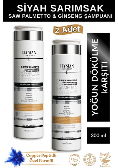 Elysian Essence Saw Palmetto & Siyah Sarımsak & Panax Ginseng Şampuanı 2 Adet Copper Peptidli Saç Dökülmesine Karşı Bakım 300 Ml Tüm Saç Tipleri