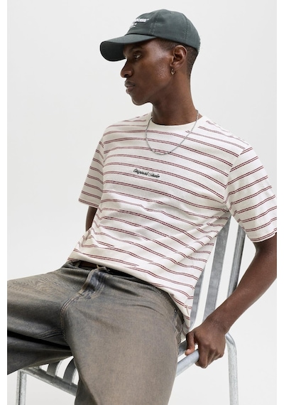 Jack & Jones Jornorrebro Çizgili Erkek Tişört Bisiklet Yaka Kısa Kollu Krem