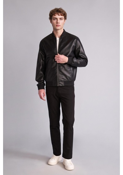 Defacto Slim Fit Kolej Yaka Ribanalı Fermuarlı Suni Deri Bomber Mont Y5367az26aubk27 Siyah-bk27