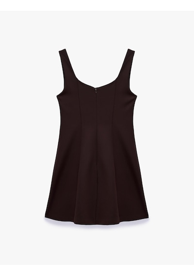 Koton Regular Fit A Kesim Kare Yaka Kolsuz Mini Elbise Kahverengi 7wak80030uw Kahve