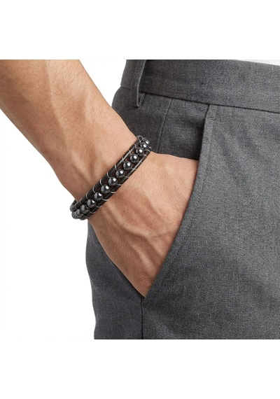 Premium 6mm Hematit Taşlı Deri Kordon Ve Çelik Bileklik 31832b2d6m3 - 21 Cm Siyah