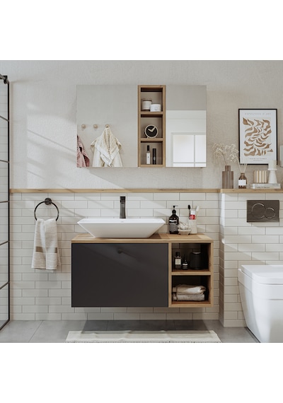 Lotus Lavabolu Mdf 95 Cm Çekmeceli Banyo Dolabı + Aynalı Dolap Atlantik Çam - Beyaz