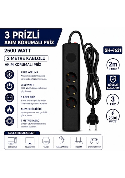 Sh-4631 3 Lü Akım Korumalı Priz 2500w 2 Metre Kablolu Anahtarlı Topraklı Çoklu Grup Priz Uzatma Kablosu 2 M
