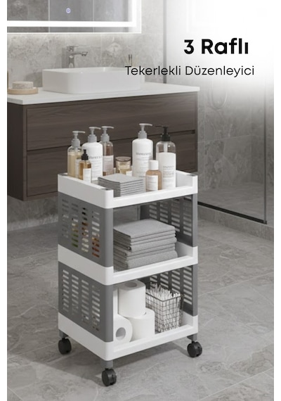 Grimorlife 3 Raflı Banyo Düzenleyici Mutfak Rafı Banyo Dolabı Çok Amaçlı Plastik Mutfak Düzenleyici-gri Gri