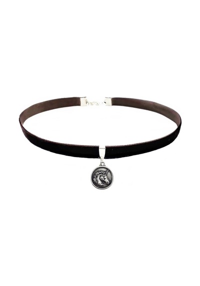 Kahverengi Kadife Unicoro Choker Kolye Altın