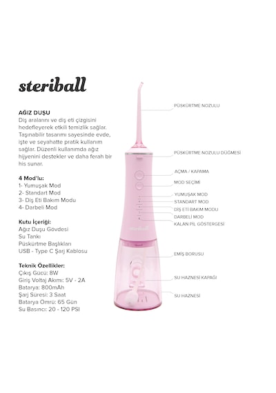 Steriball Oral Irrigator Ağız Duşu Pembe - 4 Temizlik Modu 360 Dönebilen Başlık 0,60 Mm İnce Su Akışı Yüksek Frekanslı Su Darbesi