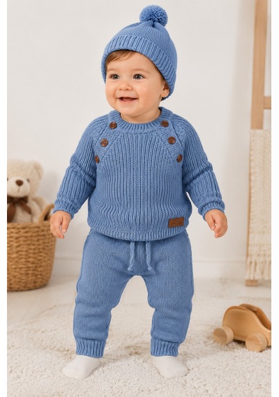 Babyhola Şık Erkek Bebek Triko Takım 3'lü Kışlık Kazak Pantolon Bere 3000 Mavi