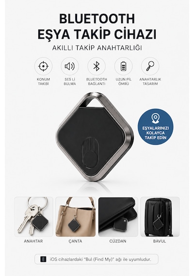 Bluetooth Akıllı Konum Takip Cihazı - Find My Uyumlu Anahtarlık Tracker - Eşya Bulucu 1