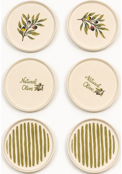 Oliva 6 Lı Stackable Seramik Pasta Tabağı Seti 20 Cm Zeytin Desenli Tatlı Ve Servis Tabağı Beyaz