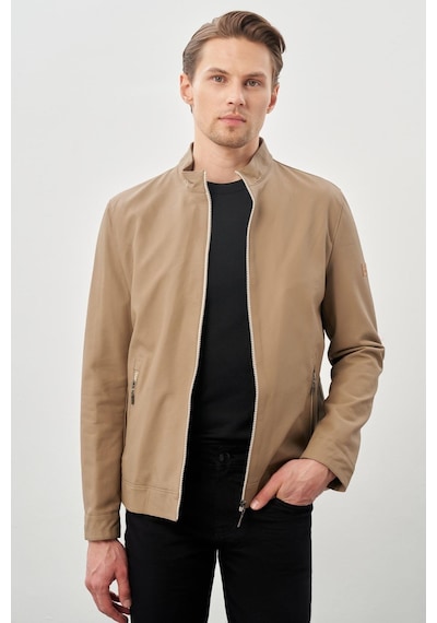 İmza Bej Suni Deri Hakim Yaka Düz Yırtmaçsız Tam Astar Slim Fit Casual Deri Mont 1038245152 Bej
