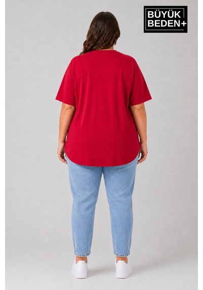 Superlife Süperlife Büyük Beden Kadın Bisiklet Yaka Basic Oval Etek Detalylı 3xl-6xl Uzun Tunik Spr26btsk502 Kırmızı