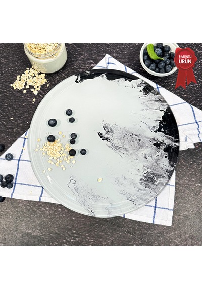 Kanallı Cam Kesme Tahtası - Black Wave - Çap32cm-patentli Ürün