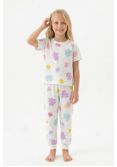 Zuzunga Pastel Renkli Çiçek Desenli Beyaz Kız Çocuk Pamuk Pijama Takımı