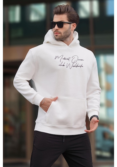 Madmext Ekru Kapüşonlu Cep Detaylı Baskılı Erkek Sweatshirt 7064-ekru Ekru
