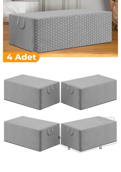 Serstil 4 Adet - Gri Benekli Büyük Boy Baza Altı Ve Çekyat Tipi Hurç 65 X 45 X 22 Cm
