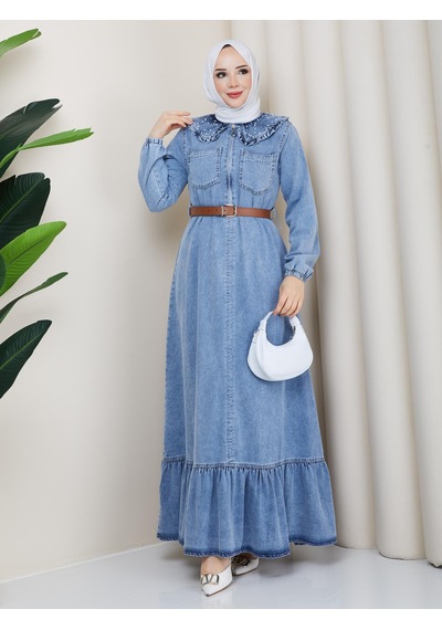 Hb Harma Time Butik Kadın Taş Detaylı Fermuarlı Kemerli Tesettür Kot Mavi Elbise