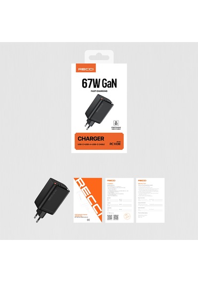 Recci Rc103e Gan Teknolojili Şarj Başlığı Usb-a To Type-c Pd 67w Type-c Kablolu Şarj Seti Siyah