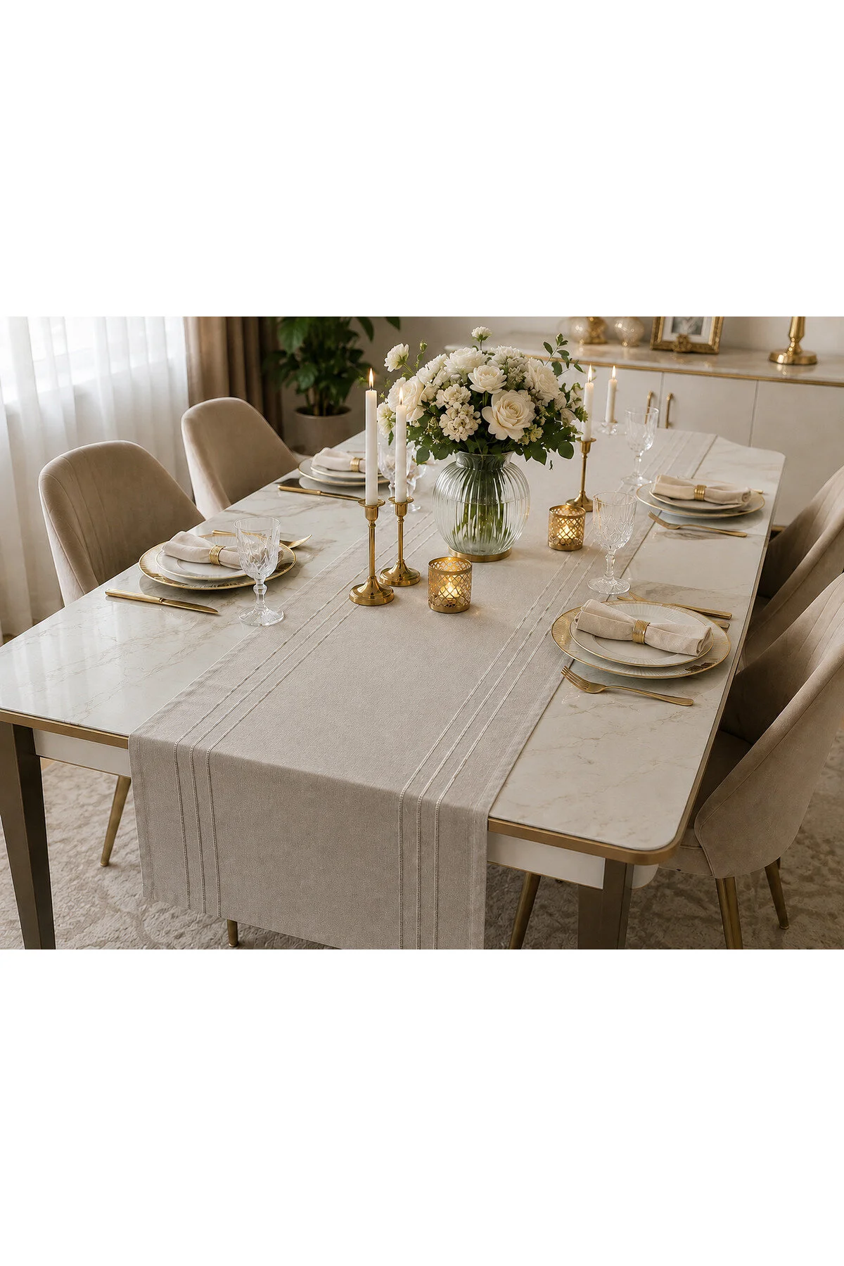 %100 Polyester Dertsiz Leke Tutmaz Şerit Desenli Runner Masa Örtüsü 34x200 Cm Taş Gri