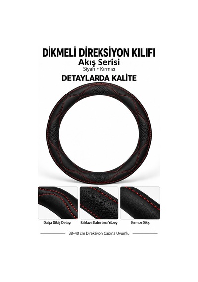 Trobus Ford Transit Connect 2002-2013 Uyumlu Dikmeli Direksiyon Kılıfı Akış Siyah Kırmızı Siyah - Kırmızı