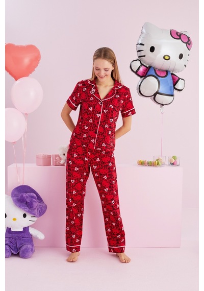 Siyah İnci Lisanslı %100 Pamuk Çok Renkli Düğmeli Biyeli Pijama Takım Hk058 Kırmızı