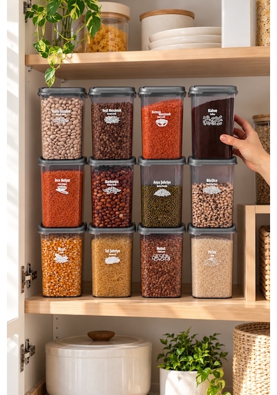 Porsima 4512 Kiler Box 12'li Kare Erzak Saklama Kabı Seti 1,1 Litre Şeffaf Füme Bakliyat, Baharat Ve Mutfak Düzenleyici