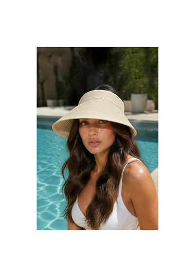 Gigi Luxe Geniş Ustü Açık Hasır Vizör Şapka Hasır Bej Bej