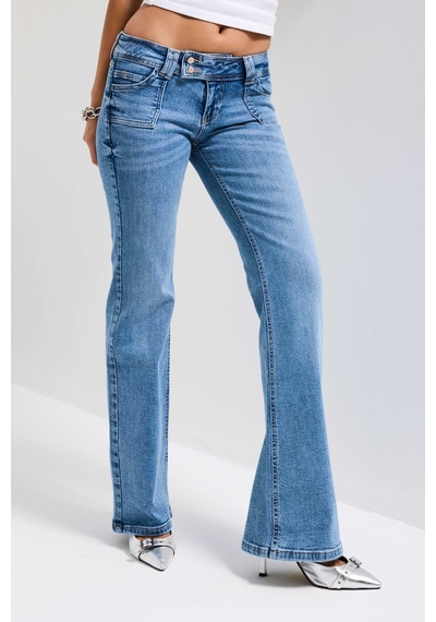 Itsbasic Kadın Mavi T-4s6-4 Flare Fit Düşük Bel Taş Detaylı Özel Tasarım Denim Jean