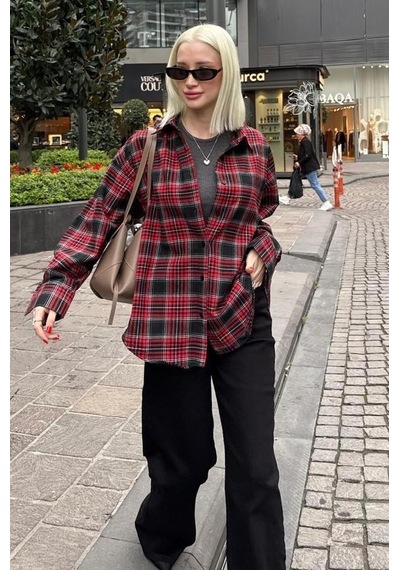 Seeh Kırmızı Oversize Ekose Desenli Kadın Gömlek Sh334 Ekoseli