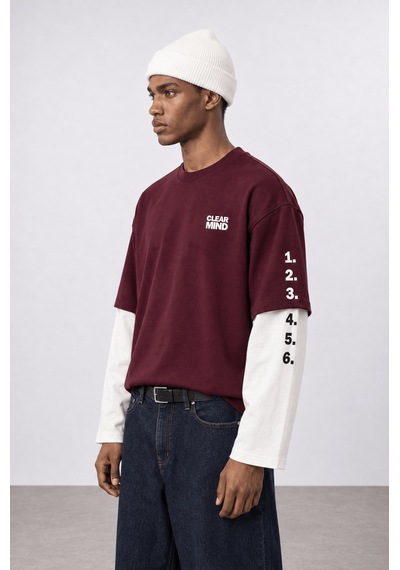 Respire Erkek Double Sleeve Oversize Sweatshirt Bordo