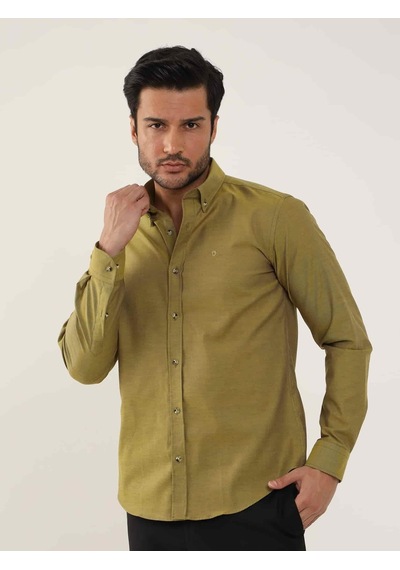 Dufy Hardal Erkek Slim Fit Düz Brent Düğmeli Yaka Uzun Kol Gömlek - 102454-hardal Hardal