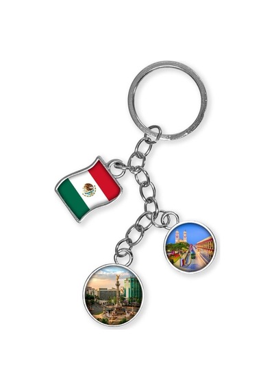 Meksika Üçlü Epoksi Metal Çift Taraflı Damla Anahtarlık Mexico Gümüş