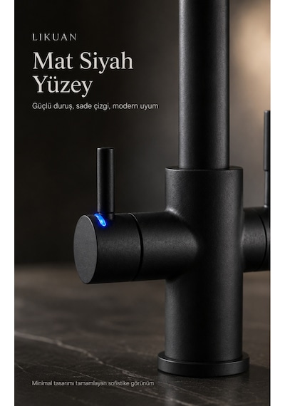3 Yollu Mutfak Bataryası Sıcak Soğuk Ve Filtreli Su Bir Arada Led Göstergeli Tri-flow Kuğu Boynu Musluk Nkdp3212cp Siyah