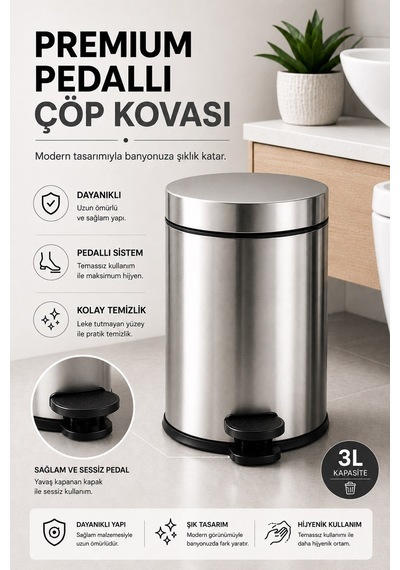 Pedallı 3 Lt Paslanmaz Metal Çöp Kovası ve Tuvalet Fırçası, 2’li Banyo ve WC Seti – Krom