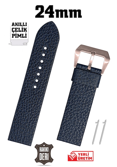 24mm Lacivert Floter Spor Hakiki Deri Saat Kordonu Kayış Akıllı Pimli Rose Gold