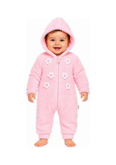Chicsy Baby Tatlı Kız Bebek Çiçekli Welsoft Tulum 3d Papatya Detaylı Kapüşonlu Fermuarlı Peluş Kışlık Bebek Tulumu Pembe