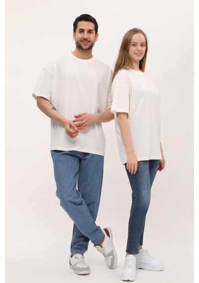 Unisex Kırık Beyaz Oversize Bol Kalıp T-shirt Ekru