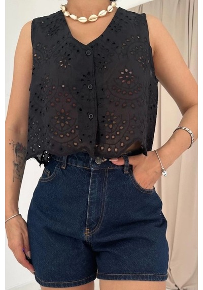 Defymoda Siyah Sıfır Kol Brode Bluz Siyah