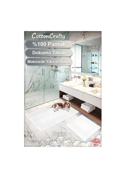 %100 Pamuk Dokuma Su Emici Banyo Paspas Seti, Banyo Halısı Vera 2 Li Set 60x100-60x50 Beyaz Diğer