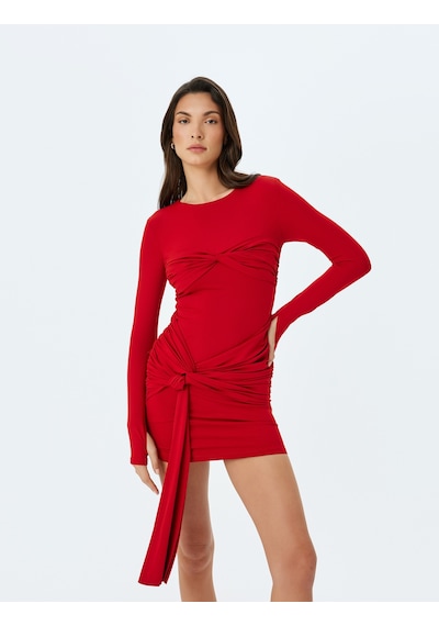 Koton Büzgü Detaylı Uzun Kollu Bodycon Mini Elbise Kırmızı 5wak80130fk Kırmızı