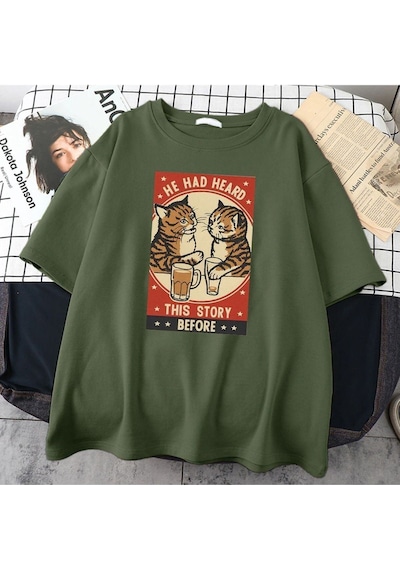 Flood Of Style Erkek Haki He Had Heard Baskılı Oversize Bisiklet Yaka Tshirt