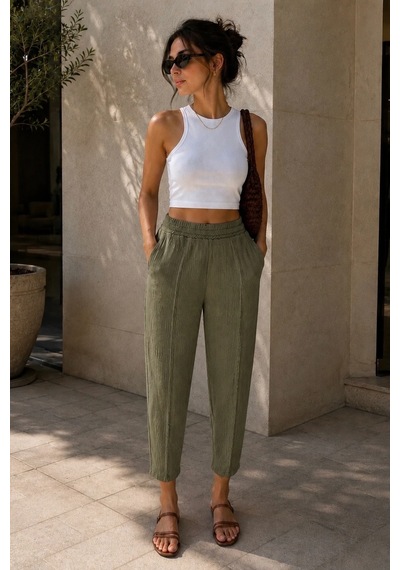 Bbbutikbasic Kadın Müslin Havuç Kesim Rahat Pantolon My3535 haki
