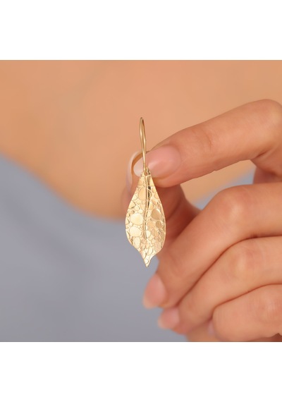 925 Ayar Altın Mikron Kaplama Dokulu Yaprak Gümüş Küpe - E00269 Gold