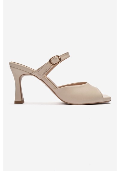 Luvi Shoes Urael Bej Cilt Hakiki Deri Kadın Topuklu Terlik
