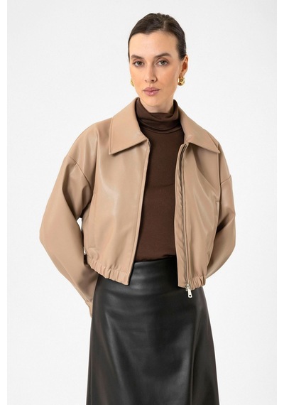 Antioch Crop Suni Deri Kadın Ceket Bej