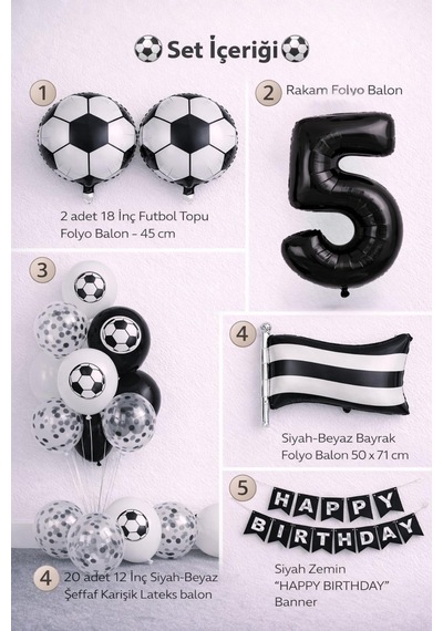 Siyah Beyaz Futbol Temalı 5 Yaş Doğum Günü Balon Seti Beyaz - Siyah