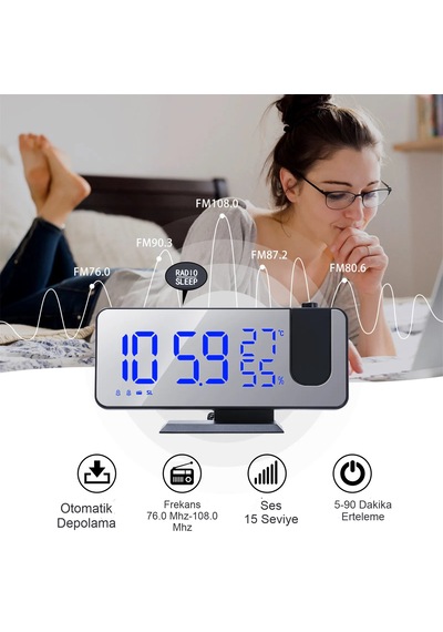 Çok Fonksiyonlu Ayna Saat Fm Radyo Alarm Projeksiyon Sıcaklık ...