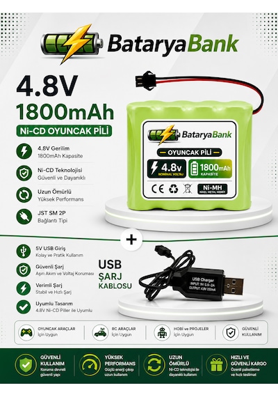 4.8v 1800mah Oyuncak Araba Pili Bataryası Siyah Soket + Usb Şarj Cihazı Seti
