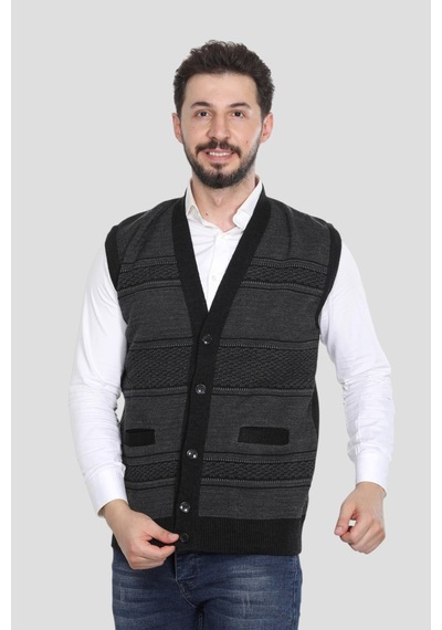 Kzc Tekstil Erkek Baba Orta Yaş Ve Üzeri Triko Örgü Akrilik Kışlık Kalın Dokulu Düğmeli Cepli Baba Yelek Antrasit