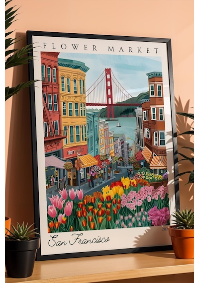 San Francisco Amerika Çerçeveli Tablo Seyahat Severlere Salon Ve Ofis İçin Estetik Duvar Dekoru Travel Flower Market